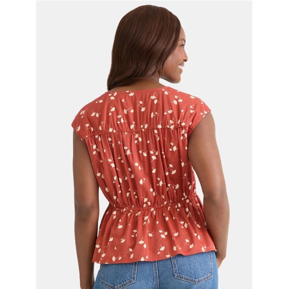 NWT Time and Tru Spade Neck Blouse Women's XS Rusty Bronze Ginkgo Leaf Pattern - Picture 3 of 13